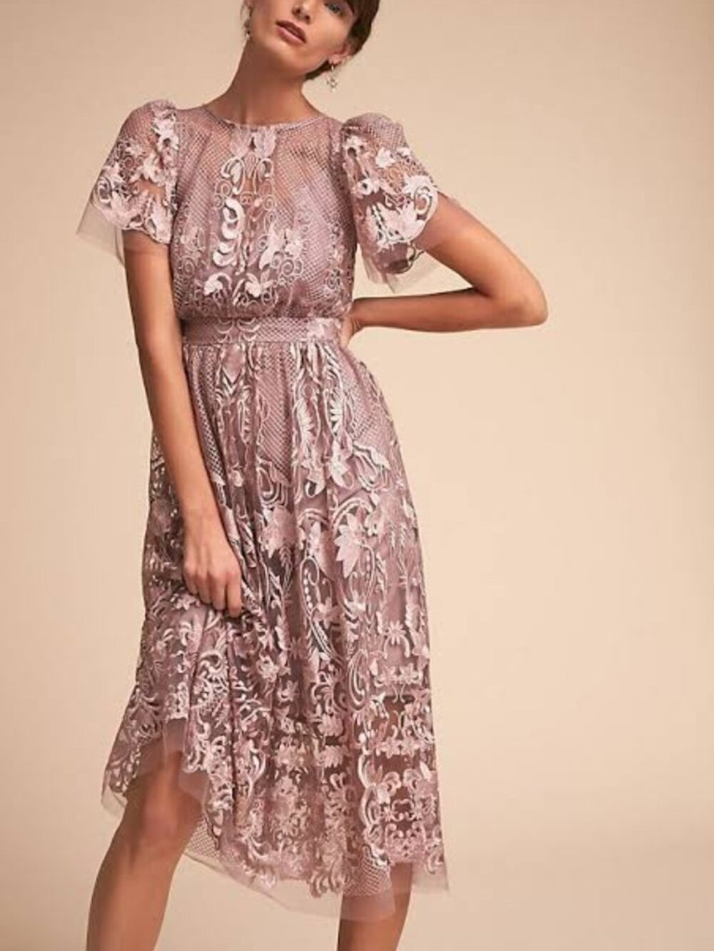 Wedding Guest BHLDN Vivica Dress 2 Purple Floral Mesh Midi NWT
